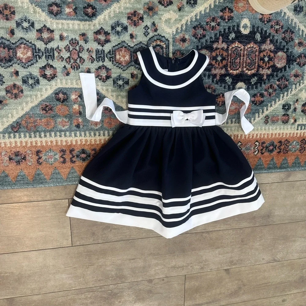 New Bonnie Jean Navy and White Formal Dress with Bow 3T Toddler Girl VTG Style